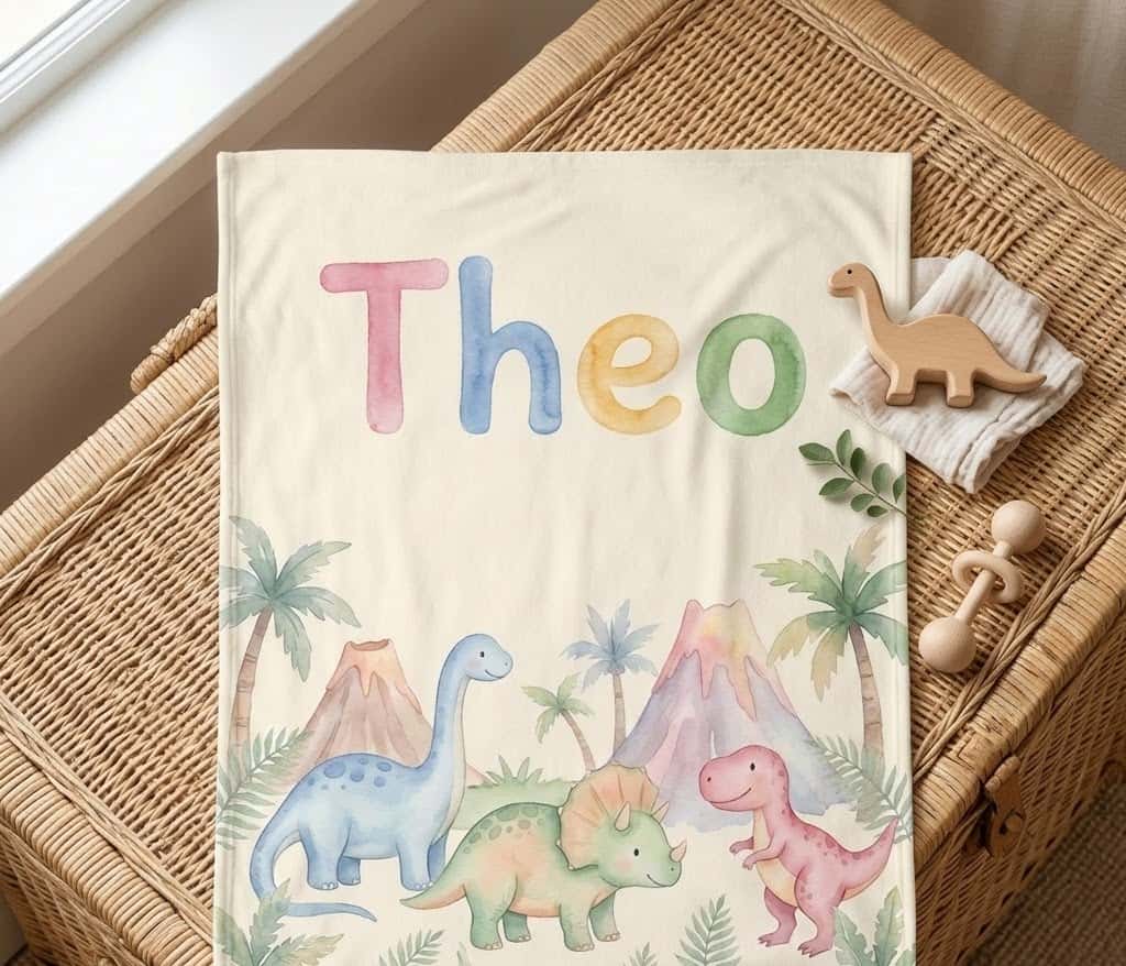 Folded Theo dinosaur name blanket on a wicker trunk with a toy dino
