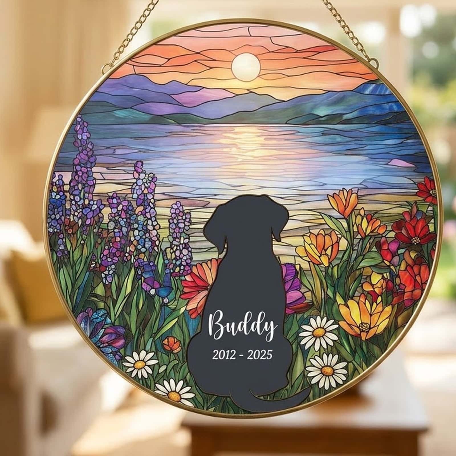 Dog memorial suncatcher at a side angle on a wooden easel