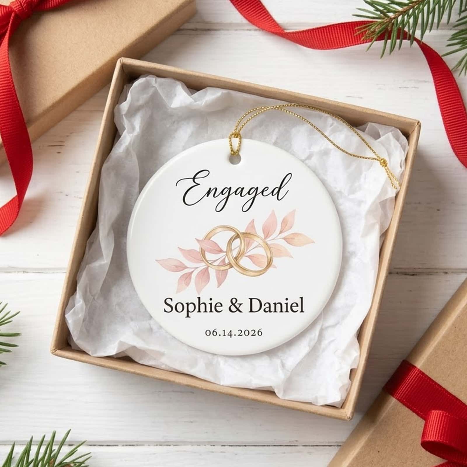 Personalized ceramic ornament in a kraft gift box with pine