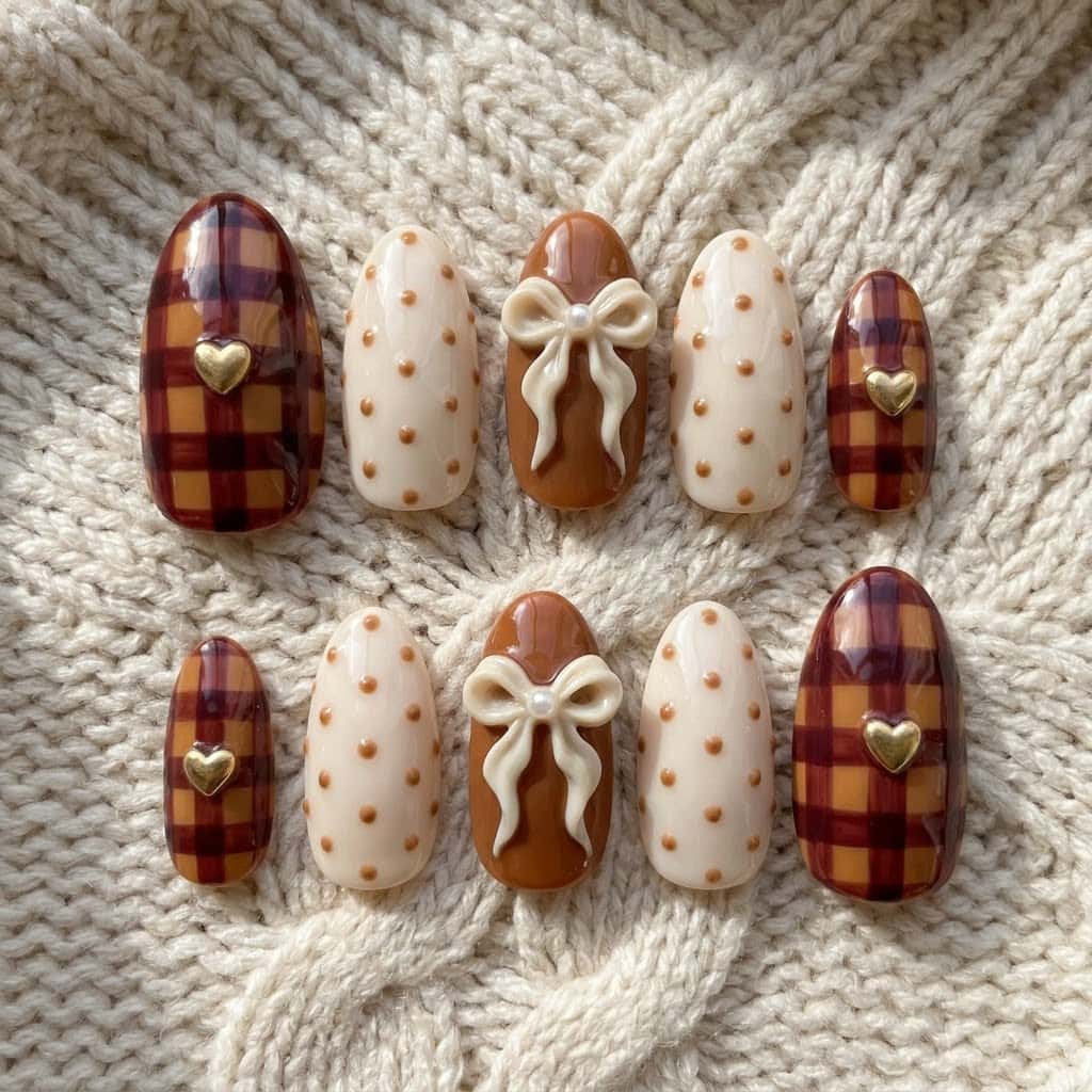 Fall press on nails with caramel plaid, 3D cream bow and polka dots
