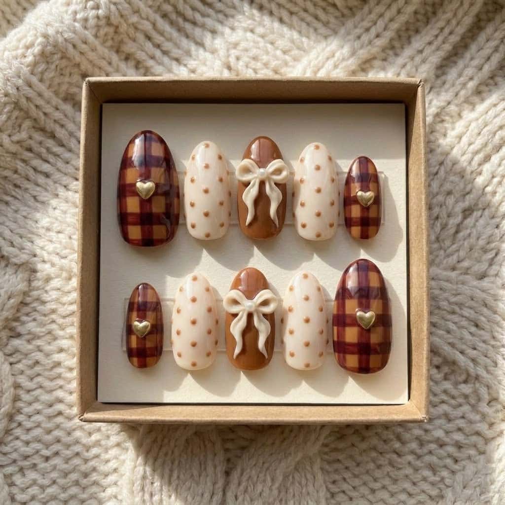 Ten caramel plaid and bow press on nails in a kraft gift box