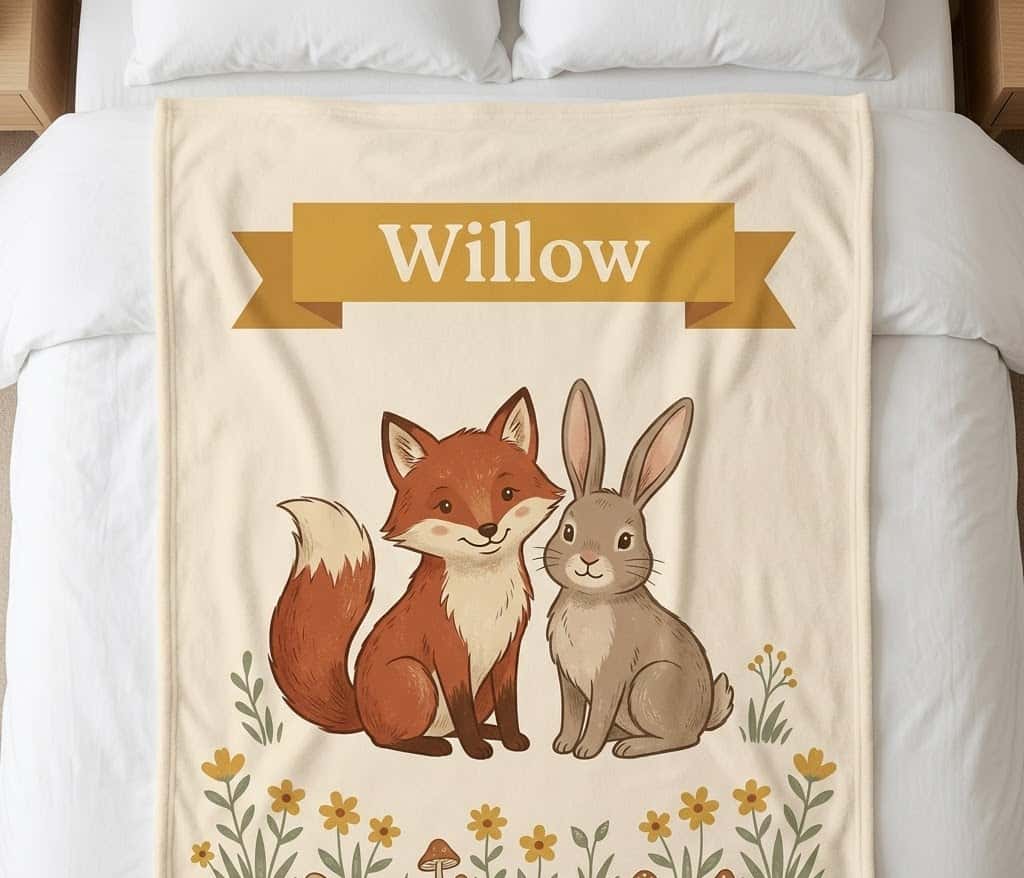 Fox name blanket with Willow on a mustard banner, flat on a bed