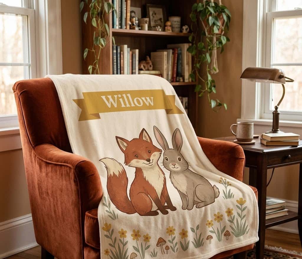 Willow storybook fox blanket on a rust armchair, angled view