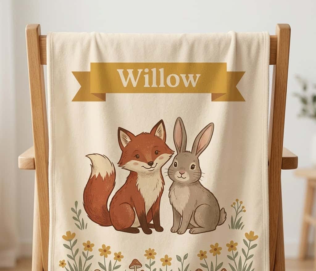 Willow fox name blanket hung over a wooden chair back
