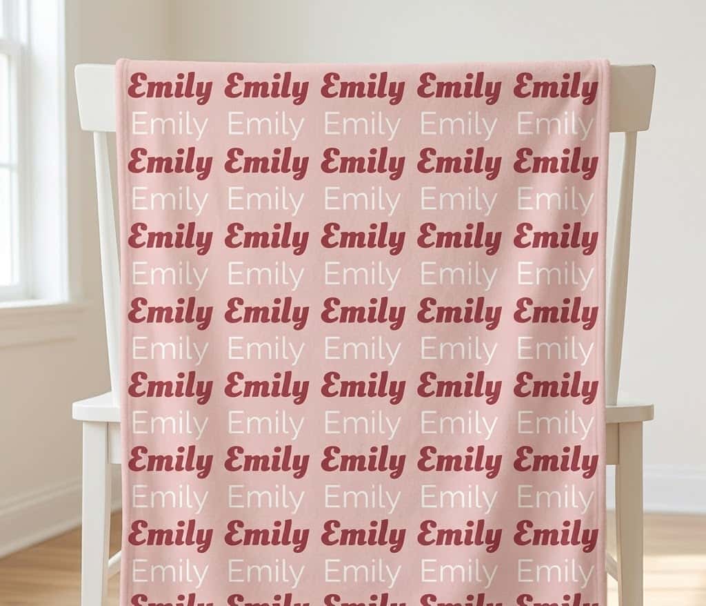 Emily blush repeat name blanket hung flat over a white chair back