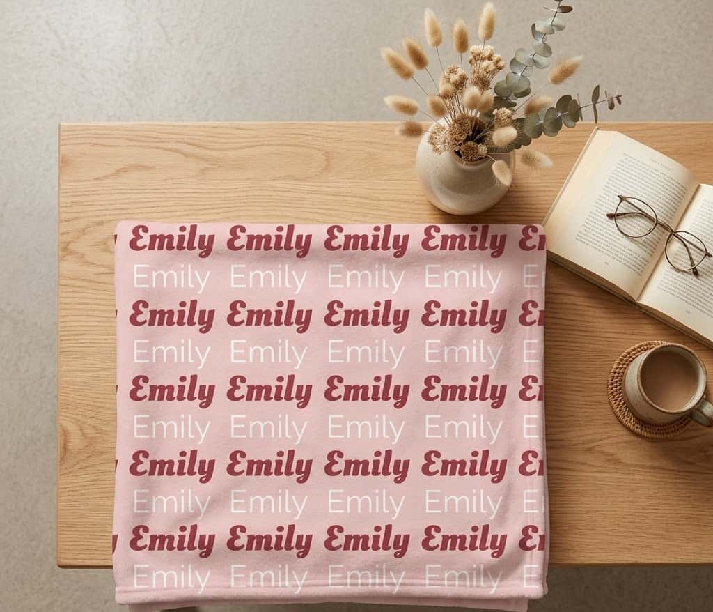 Folded Emily repeat name throw on a wooden table with dried flowers