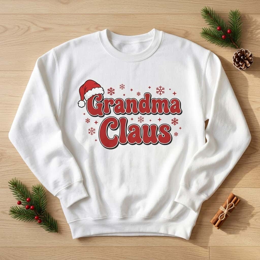 Grandma claus sweatshirt in white with retro red letters and Santa hat
