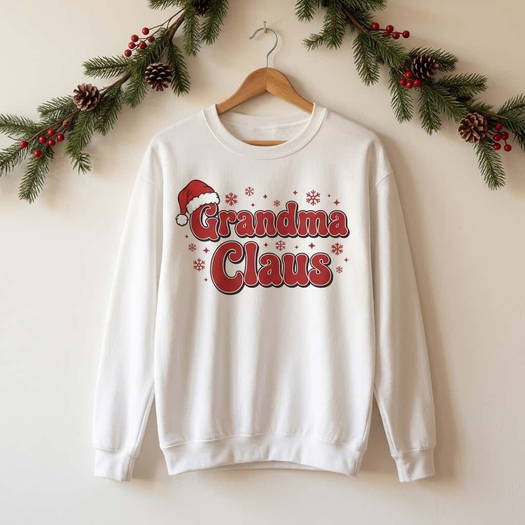White Christmas crewneck on a wooden hanger under a holly berry garland