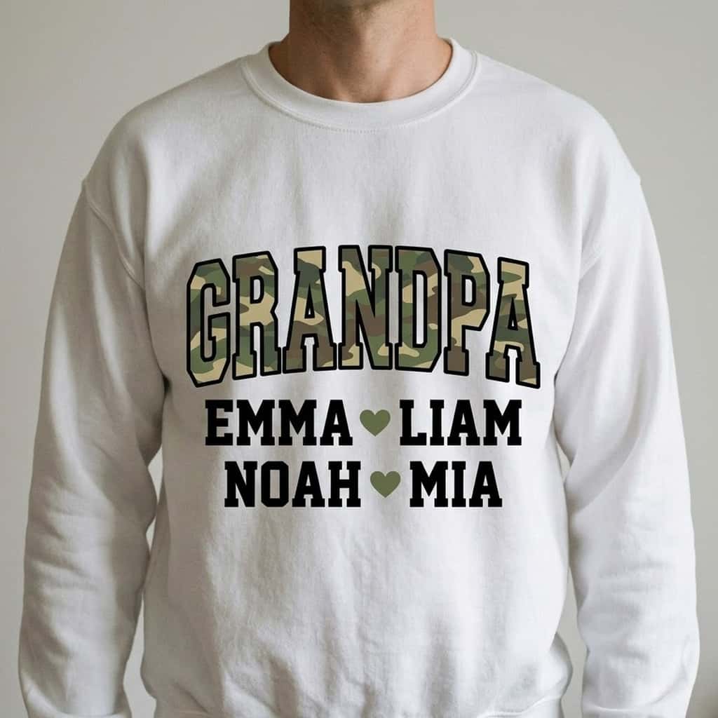 Man wearing a white sweatshirt with camo GRANDPA letters and kids names