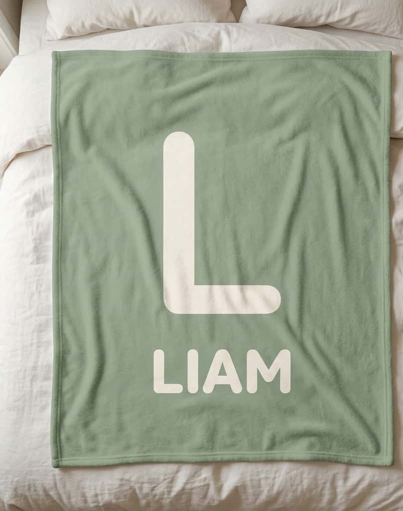 Sage initial name blanket with a big cream L and Liam, flat on a bed