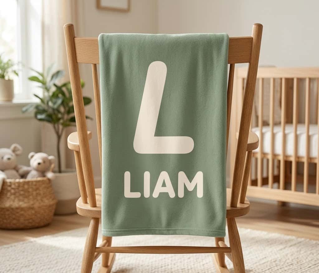 Liam sage initial blanket hung flat over a wooden rocking chair in a nursery