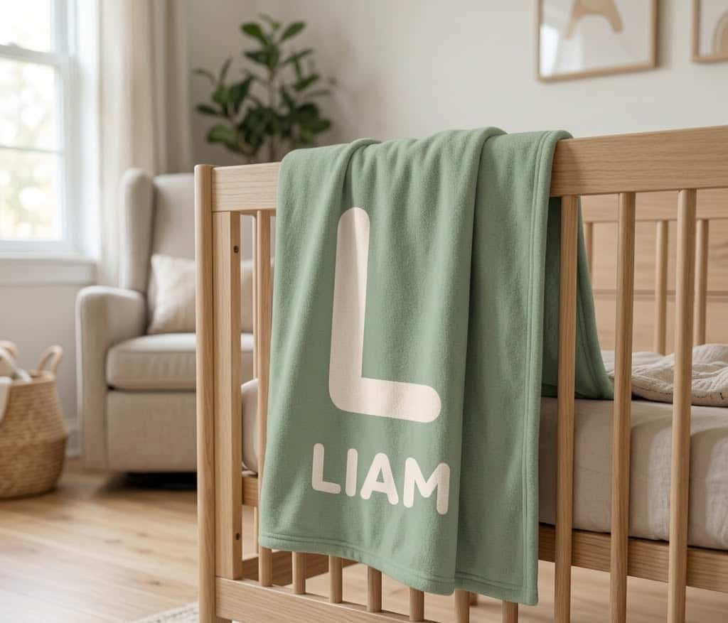 Sage Liam name blanket draped over a wooden crib rail in a nursery
