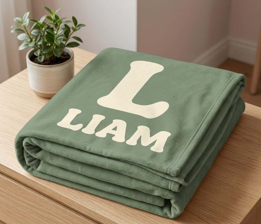 Folded sage Liam initial blanket on a wooden dresser beside a plant