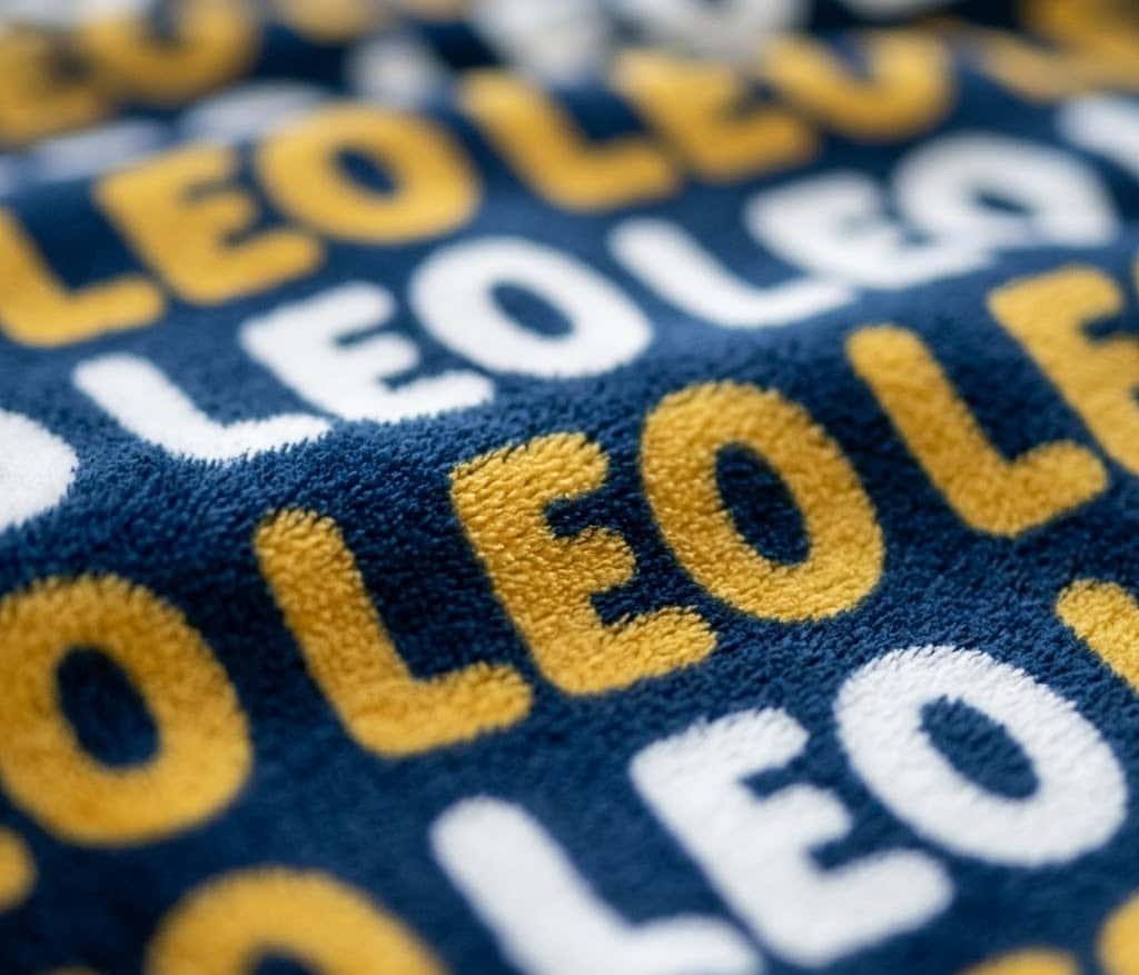 Close-up of bold Leo rows in mustard and white on navy flannel