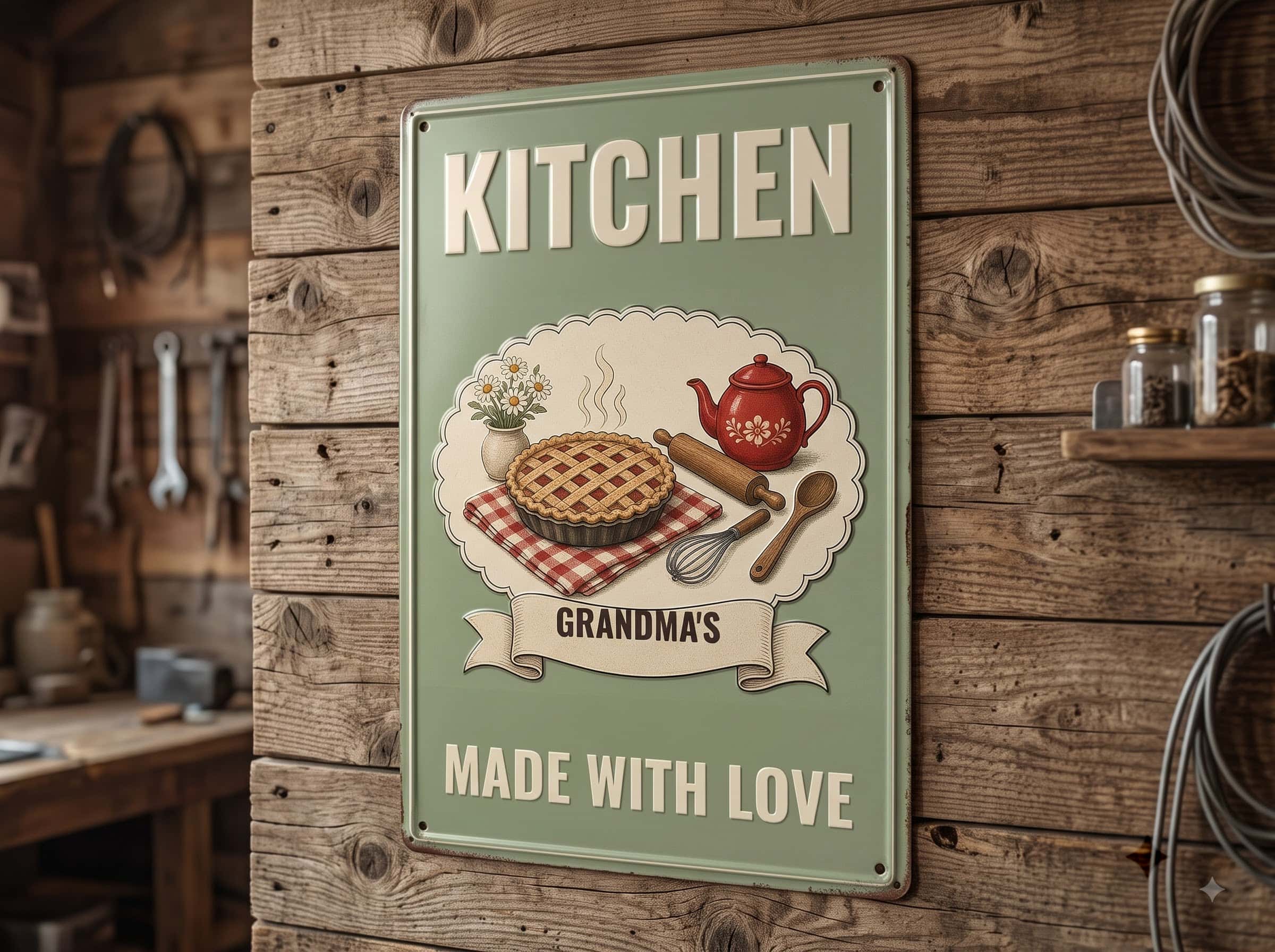 Personalized kitchen sign with Grandma's name on a rustic wood wall, angled view