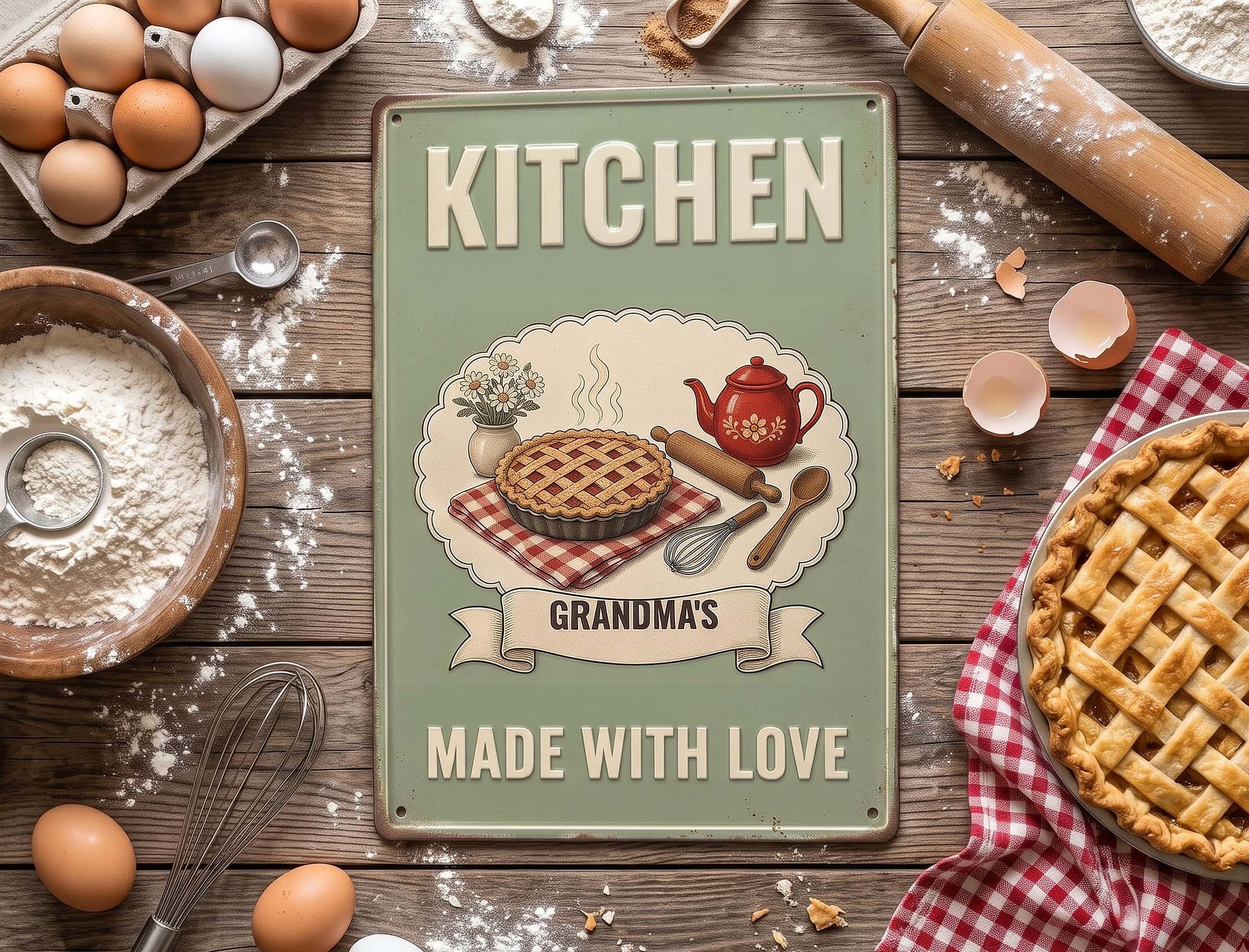 Kitchen name sign lying flat on a baking table with pie and eggs