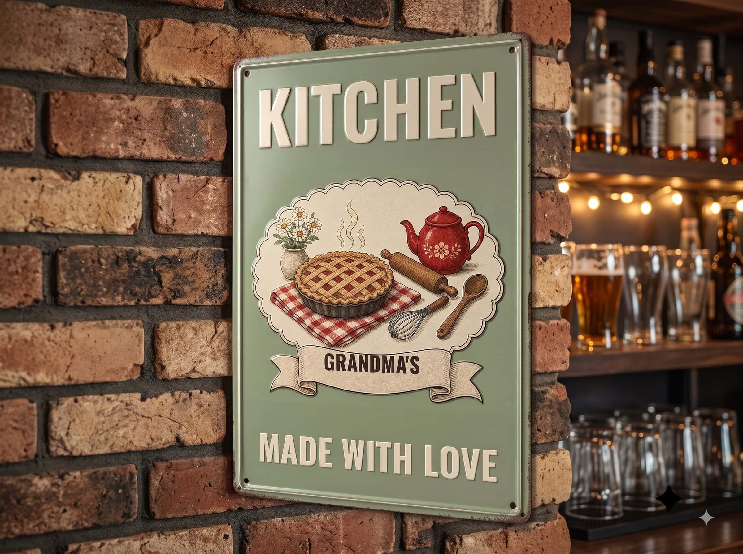 Custom kitchen sign with name ribbon hanging on a brick wall