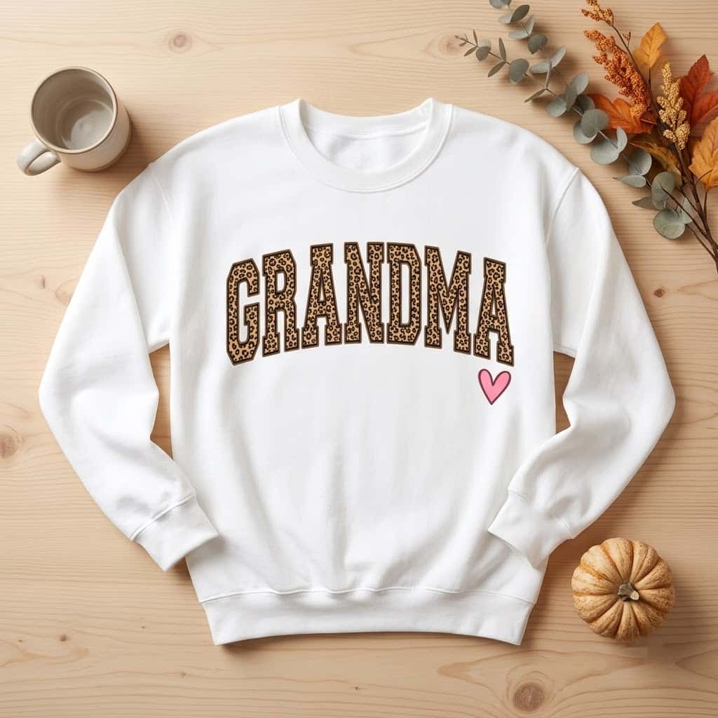 Leopard grandma sweatshirt in white with bold letters and a pink heart