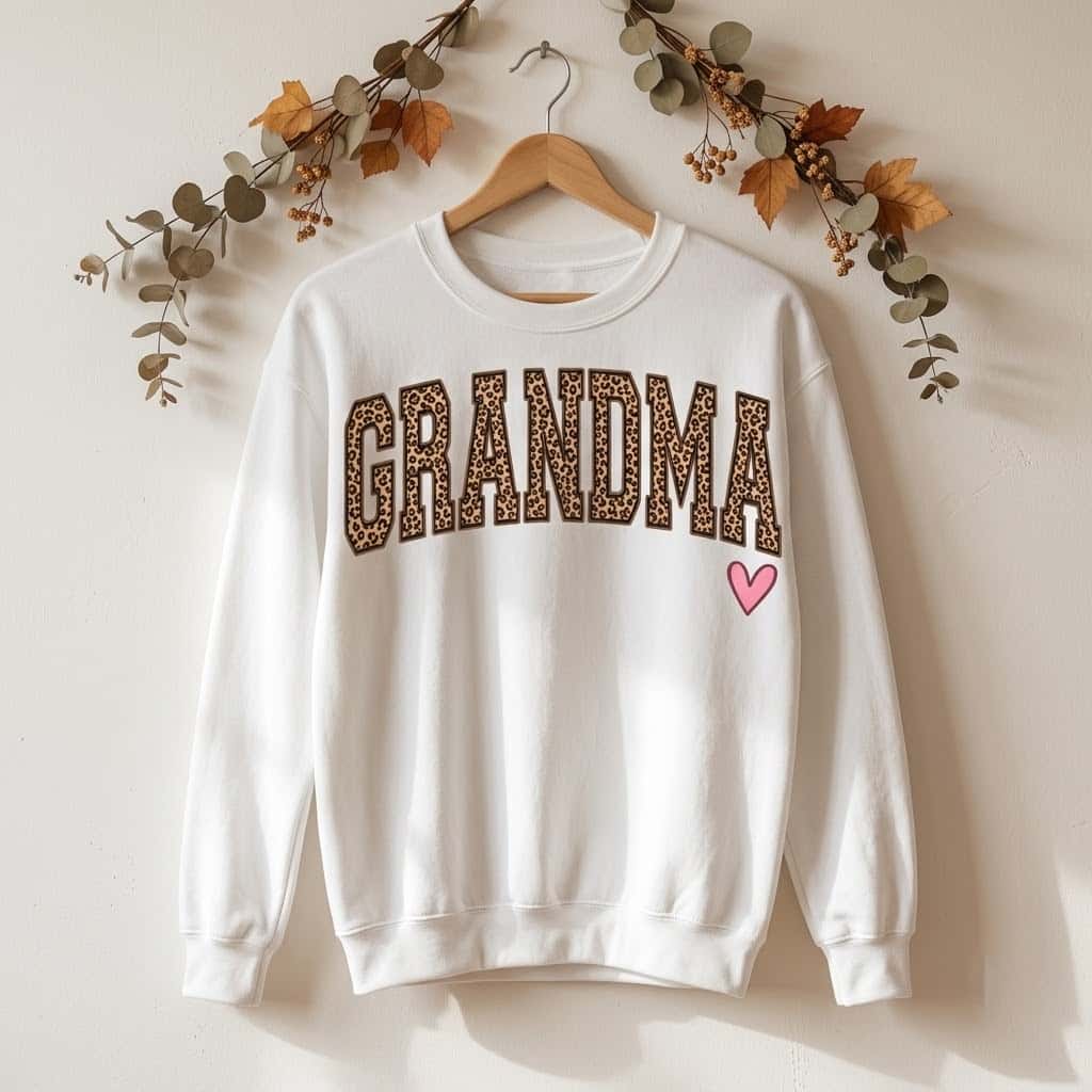 White Grandma crewneck on a wooden hanger under an autumn leaf garland