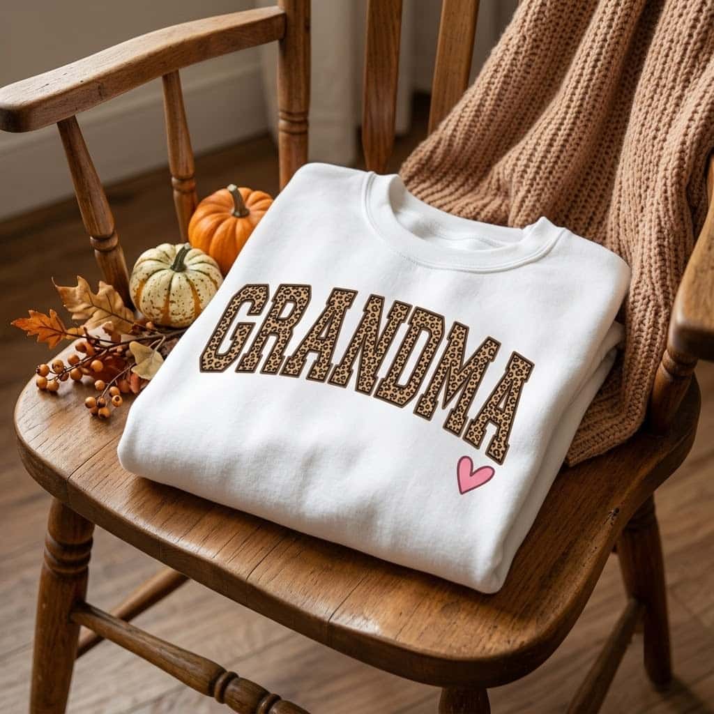 Folded leopard Grandma sweatshirt on a wooden chair with mini pumpkins