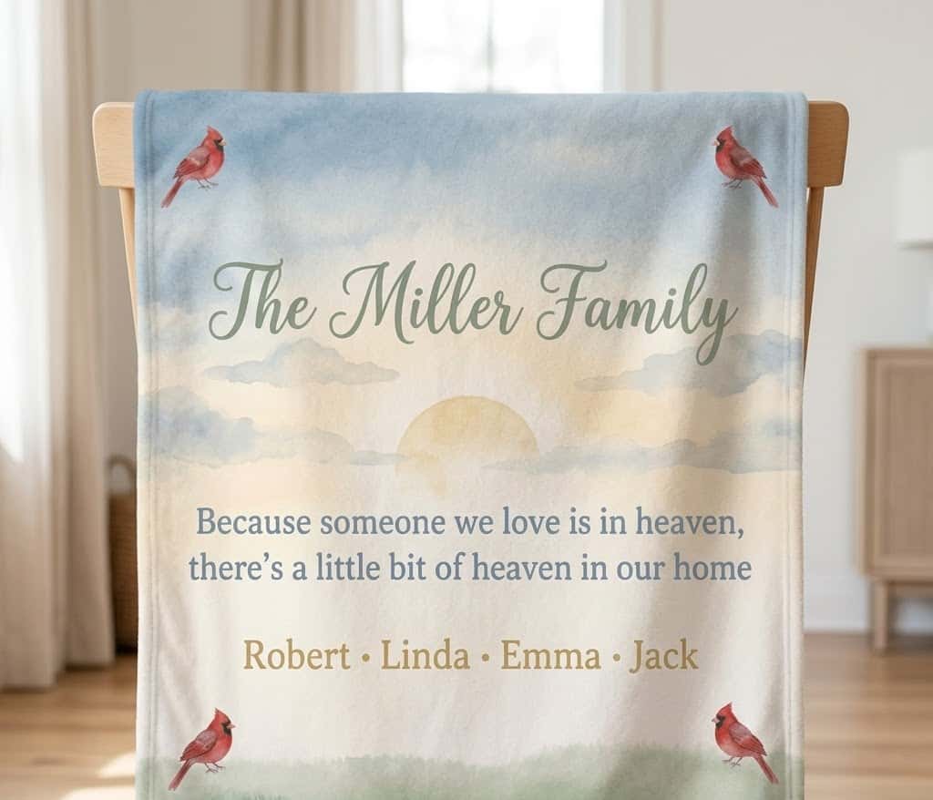 Memorial cardinal family blanket hung over a light wooden chair back