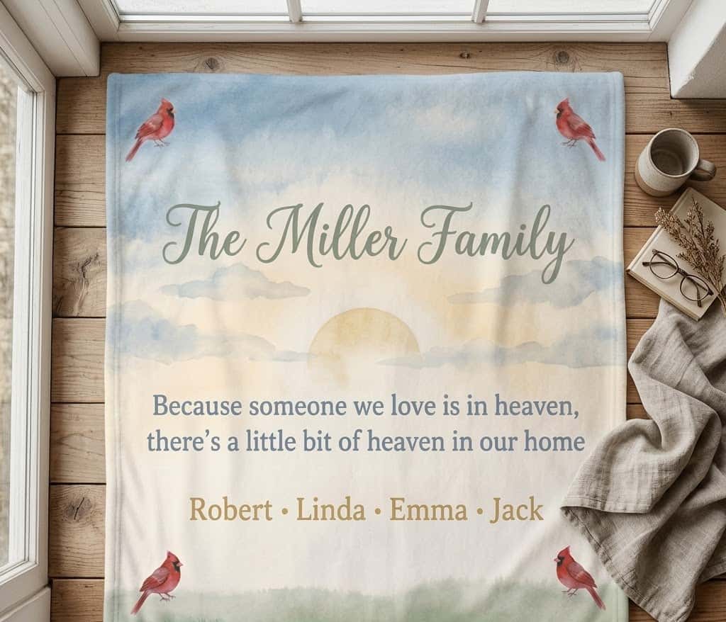 Miller memorial family blanket laid on a rustic wood floor by a window