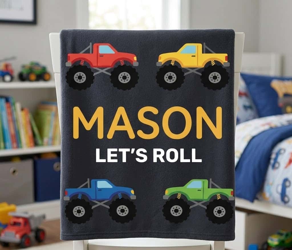Mason monster truck flannel blanket hung over a white chair back in a boys room