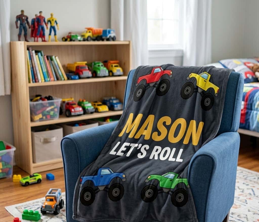 Mason truck name throw draped over a blue armchair in a playroom