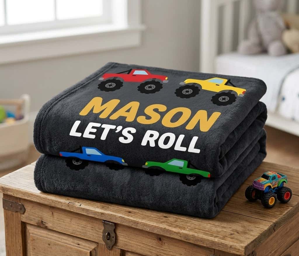 Folded Mason monster truck blanket on a wooden toy chest with a toy truck