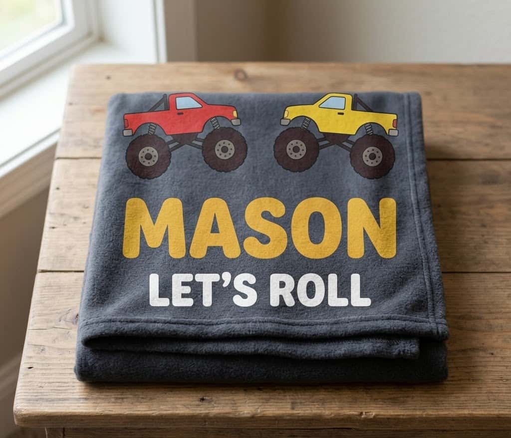 Closer view of folded Mason blanket showing full Mason and Let's Roll lettering