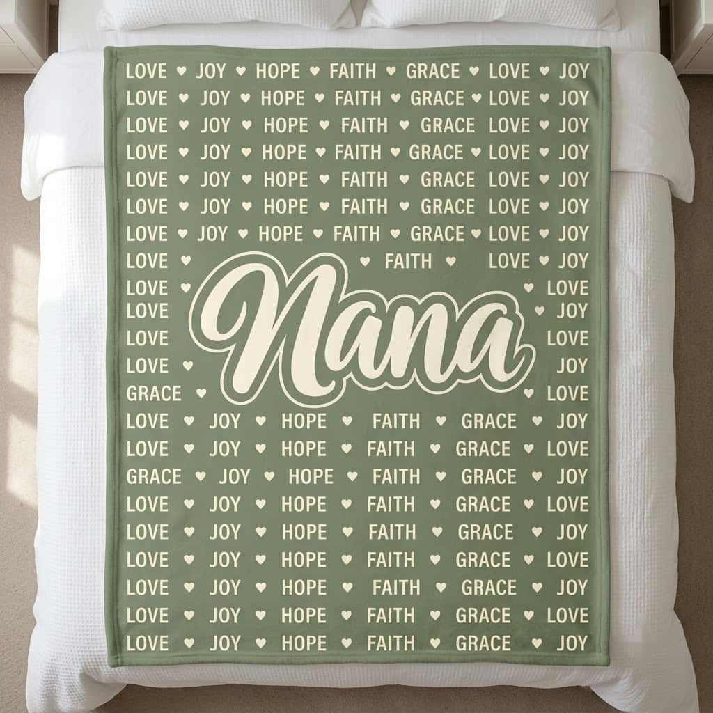 Nana blanket with grandkids names style word pattern in sage green on a bed