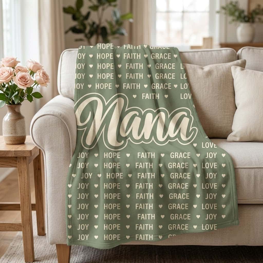 Sage green Nana throw blanket draped over a cream sofa beside pink roses