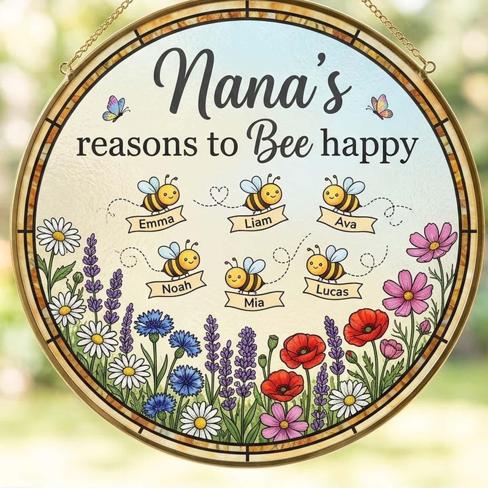 Nana suncatcher at a side angle on a wooden easel