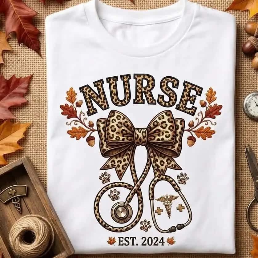 Leopard NURSE lettering and heart stethoscope design close view