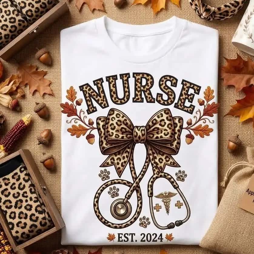 Folded white nurse tee beside leopard print gift box