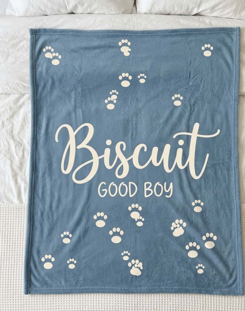 Pet name blanket with Biscuit script and paw prints on dusty blue