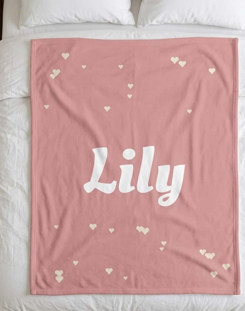 Pink name blanket with Lily in white script and cream hearts, flat on a bed