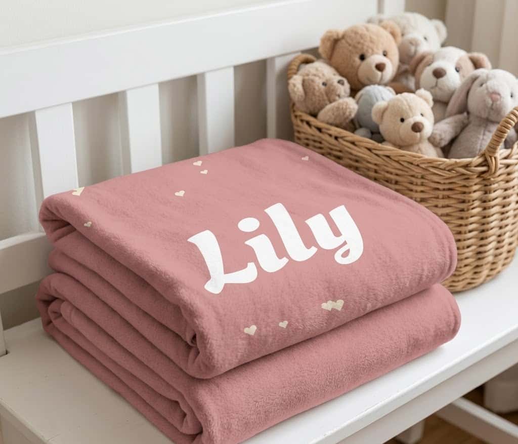 Folded dusty rose Lily heart blanket on a white bench beside a teddy basket