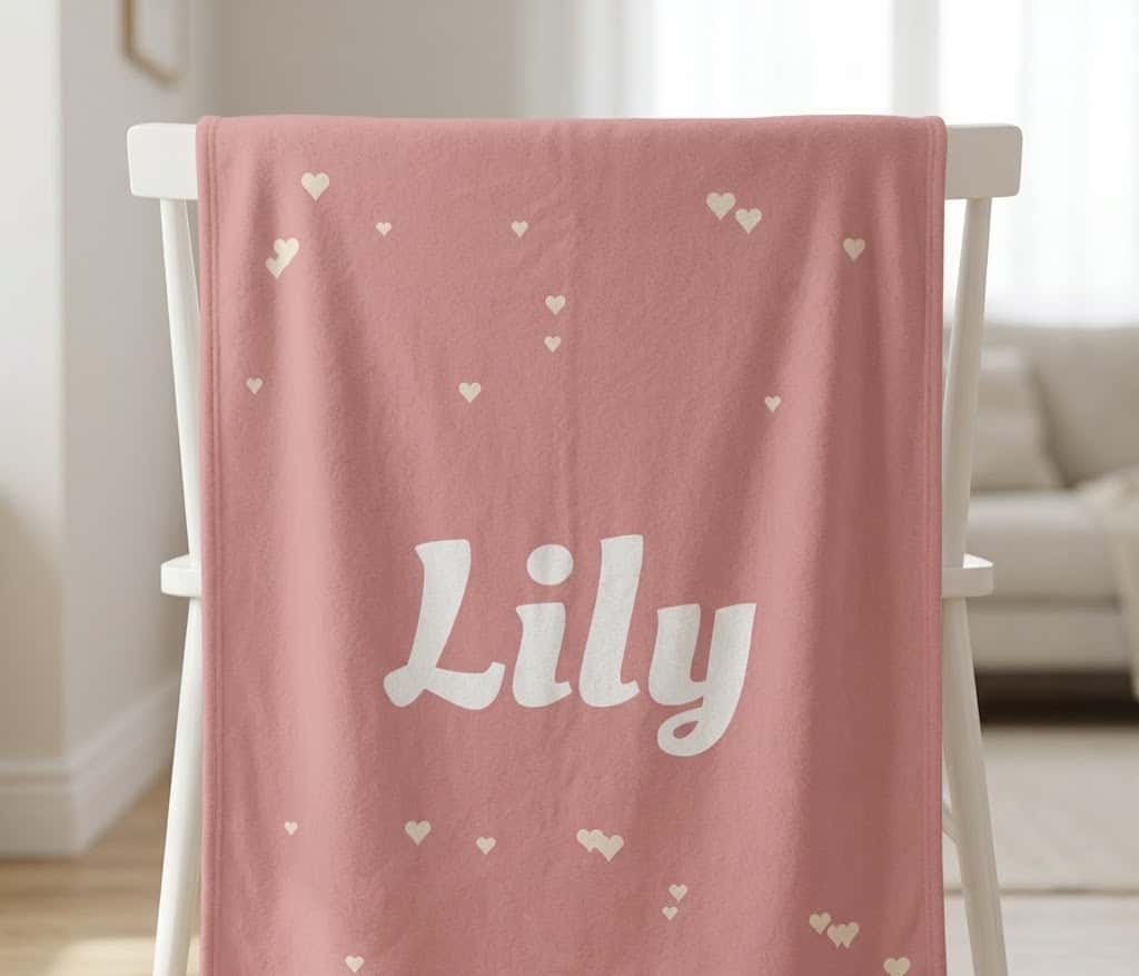 Lily pink name throw hung flat over the back of a white wooden chair
