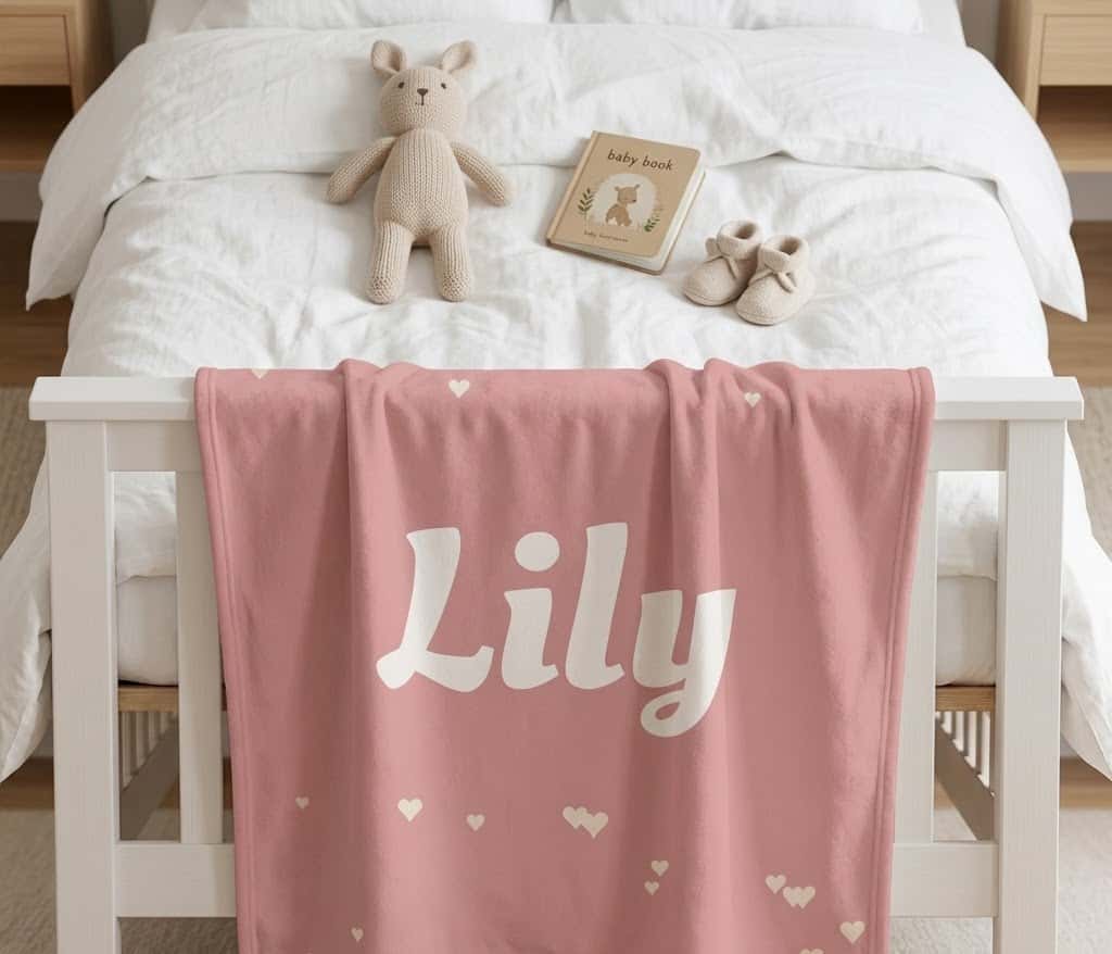 Lily pink heart name blanket draped over a white wooden bed footboard
