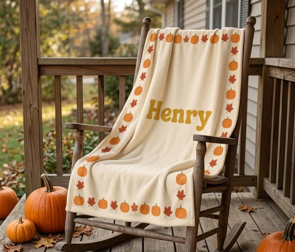 Henry pumpkin name blanket on a porch rocking chair, angled view