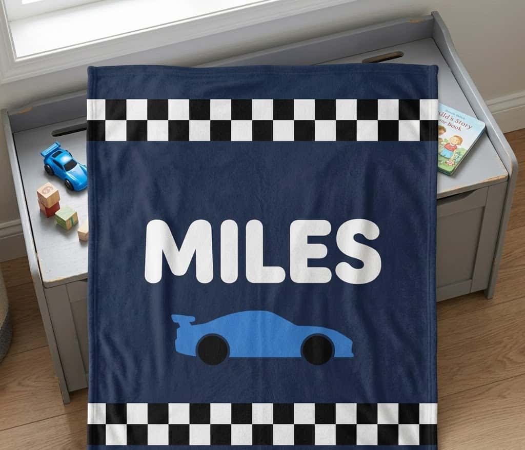 Folded MILES race car blanket on a gray toy bench