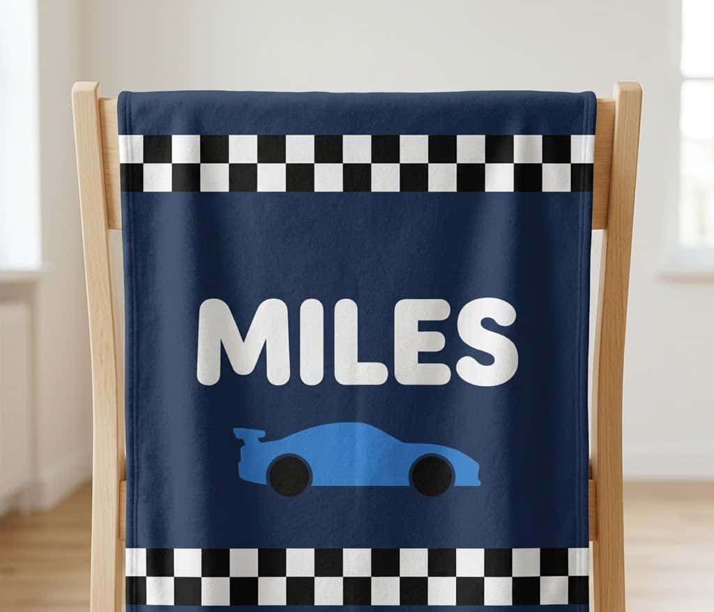 Navy checkered race car name blanket hung over a wooden chair back