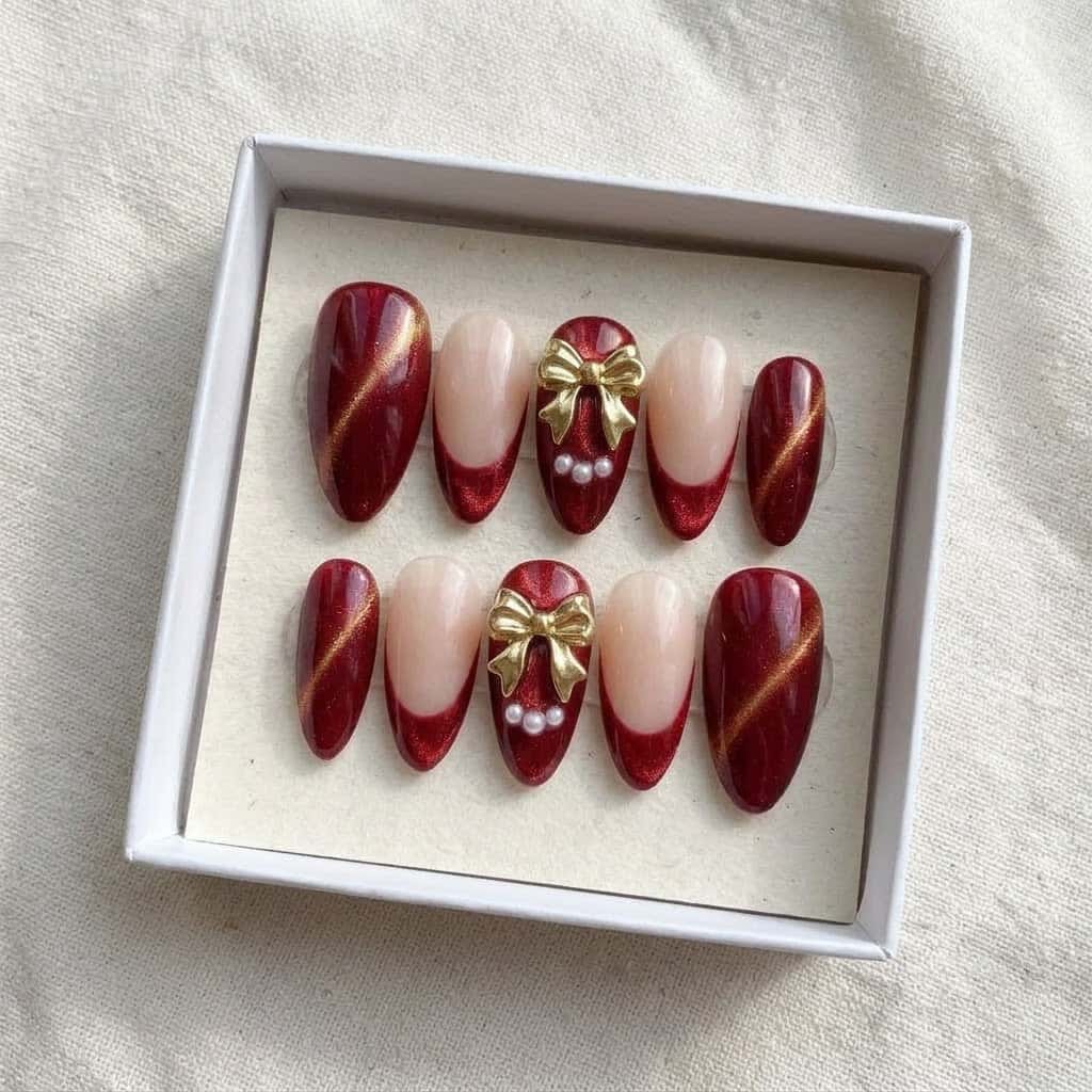 Red cat eye press on nails set in a white gift box