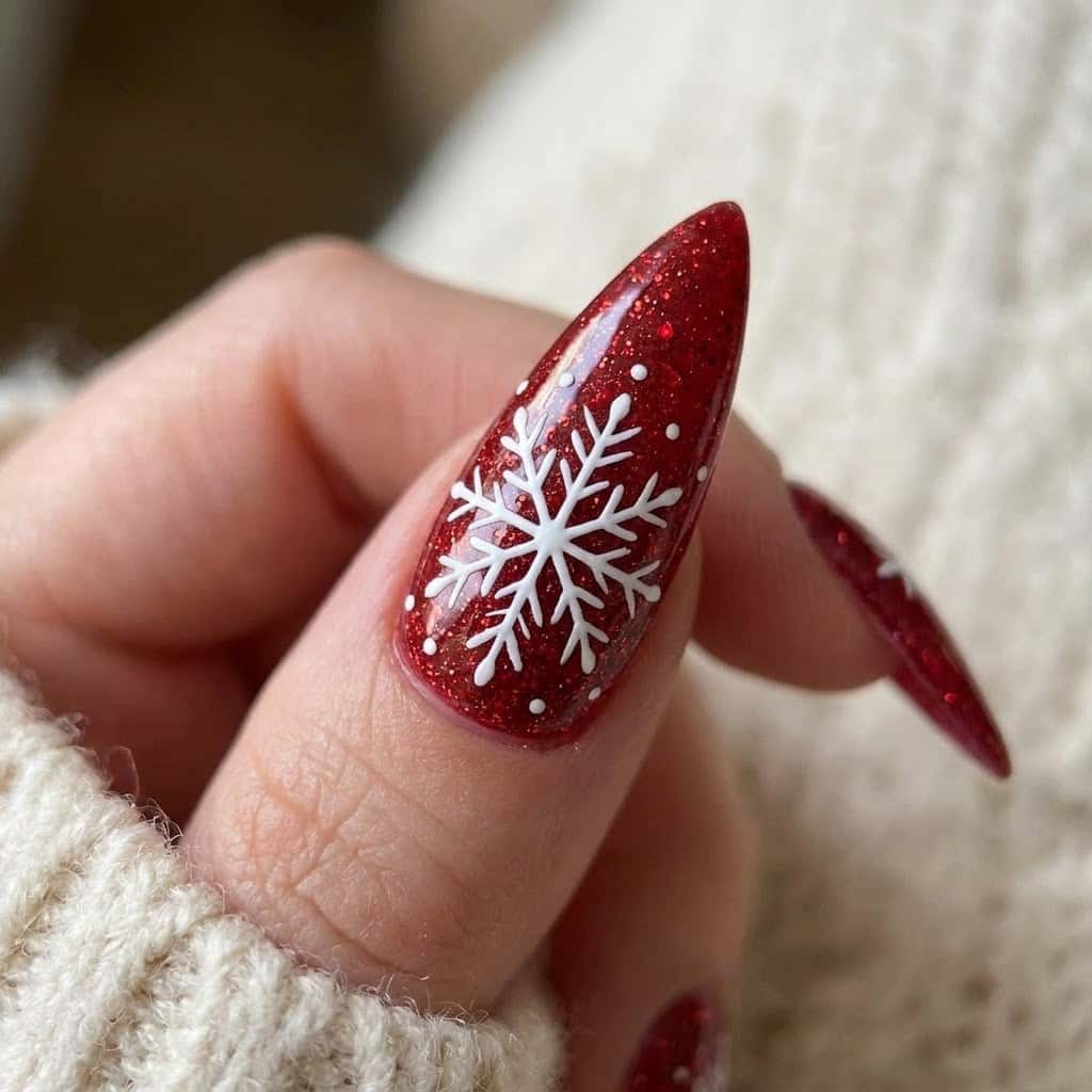 Close-up of the hero red glitter stiletto nail with a hand-painted white snowflake
