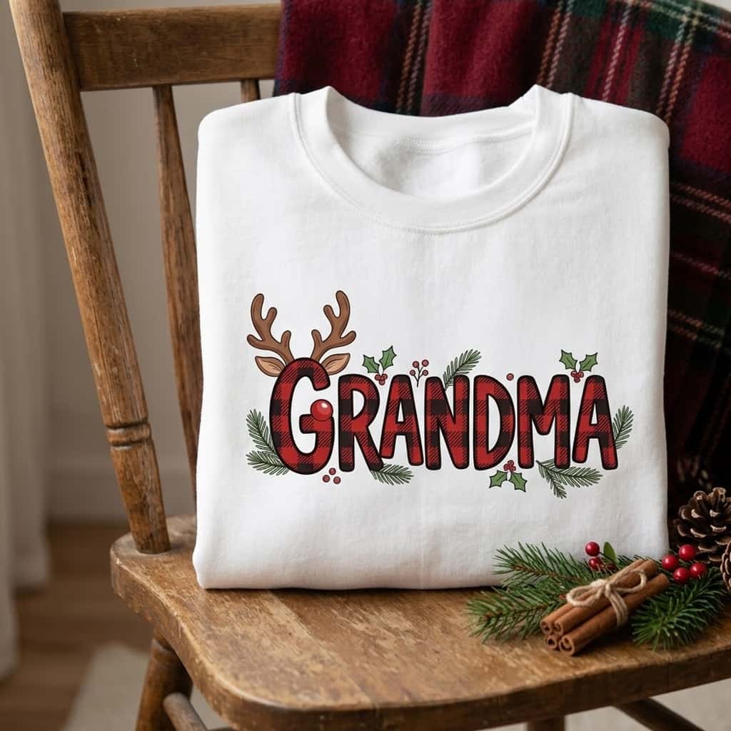 Folded Christmas crewneck on a wooden chair with a plaid blanket and pine