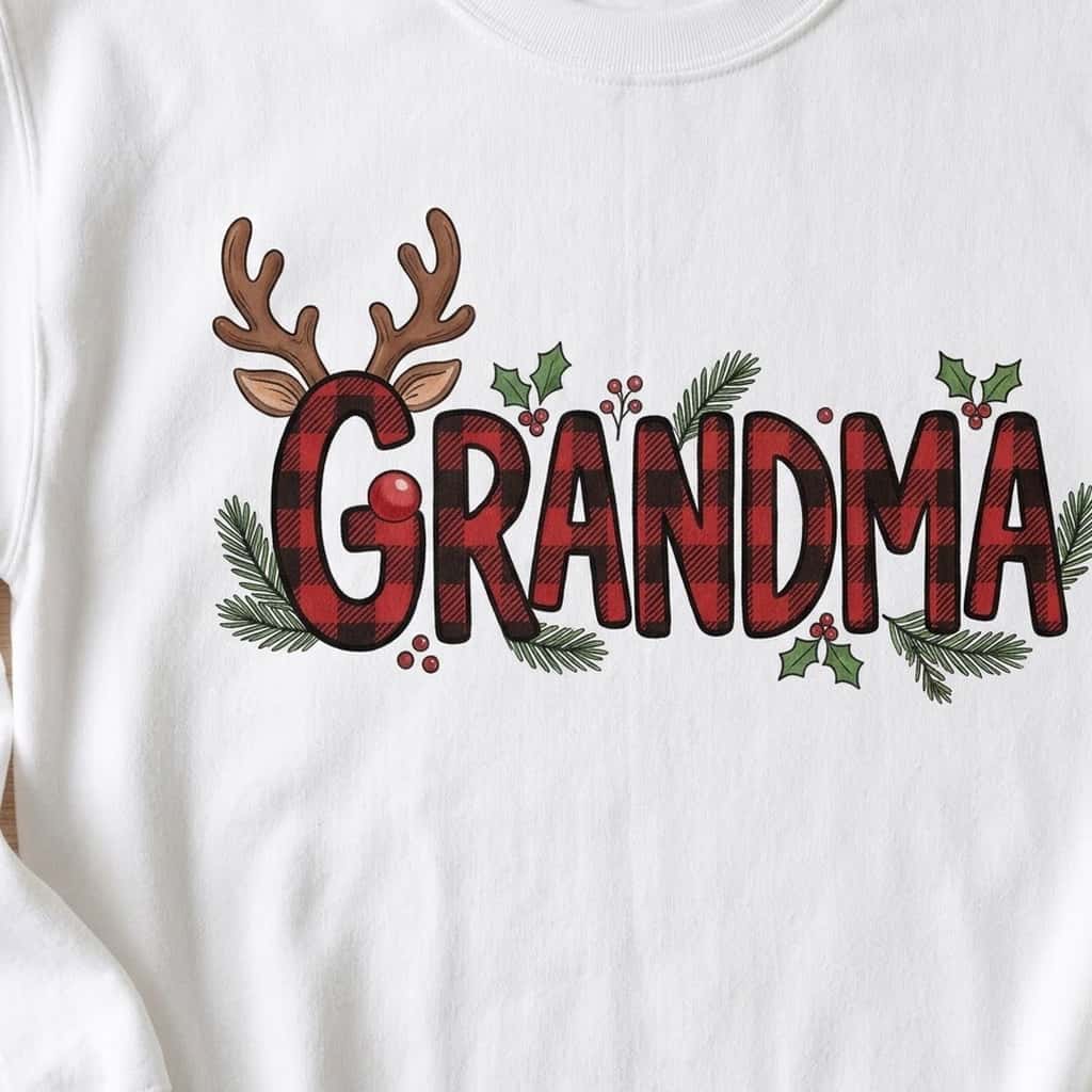 Close-up of red buffalo plaid letters, antlers and a shiny red nose