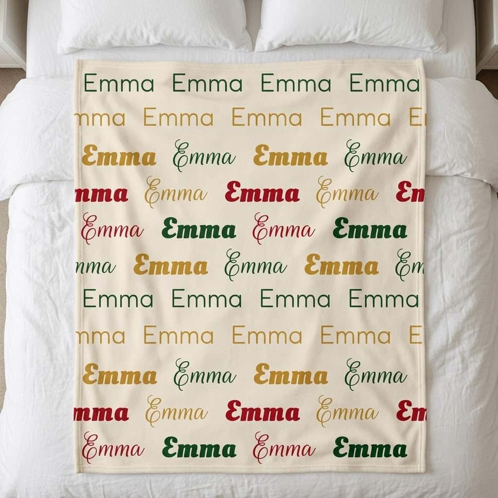 Repeat name blanket with Emma in red green and gold fonts on cream
