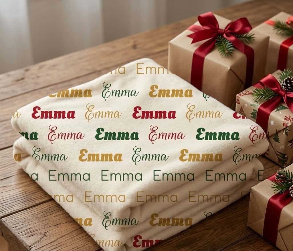 Emma repeat name blanket folded beside wrapped Christmas gift boxes