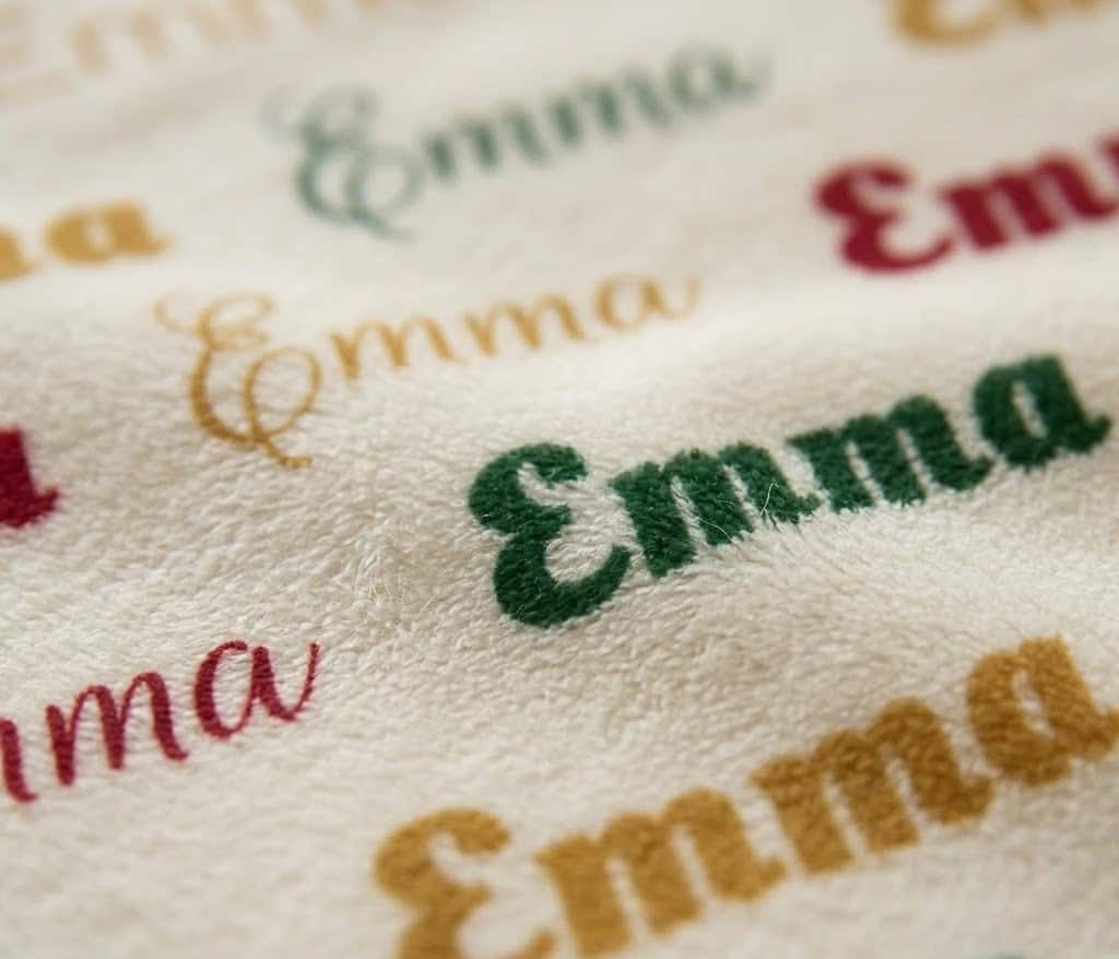 Close-up of mixed font Emma name pattern on cream flannel